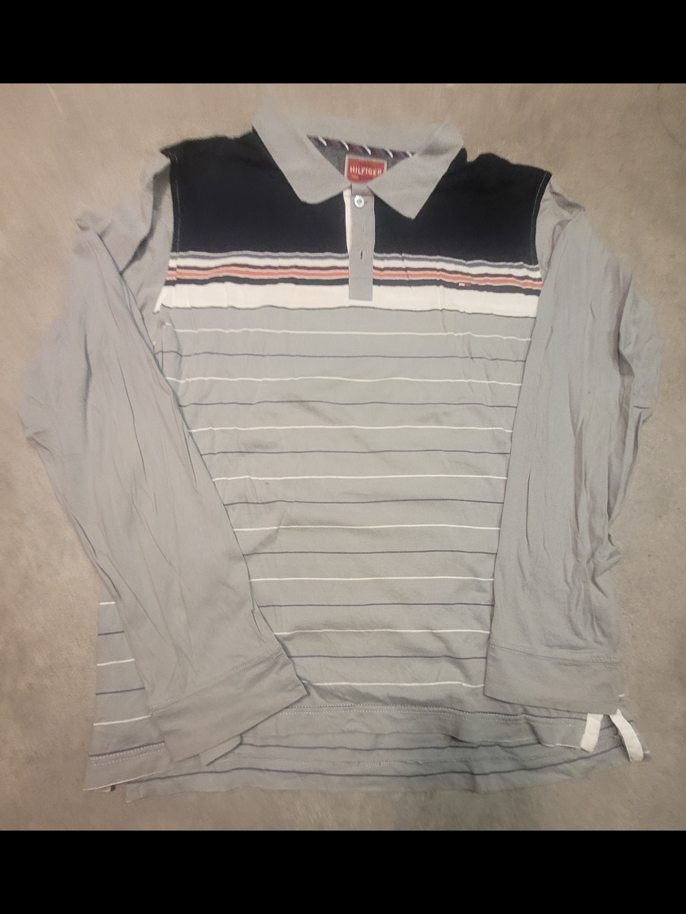 Tommy Hilfiger Light Gray Long Sleeve Polo with Navy & Red Stripe Detail